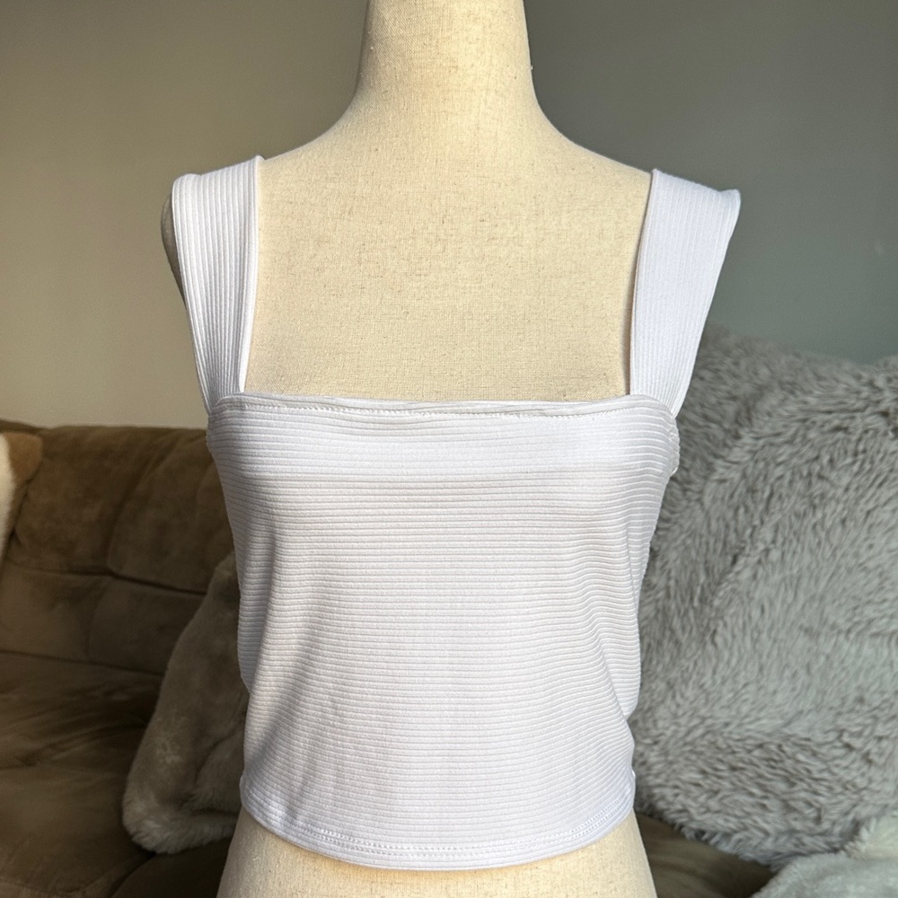 Free People White Ribbed Square Tank